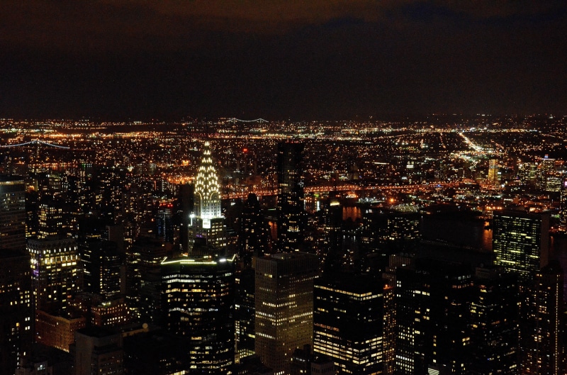 big city, illuminated, building exterior, cityscape, lights, chrysler, nightlife, colorful, away, high, office building exterior, crowd, small, capital