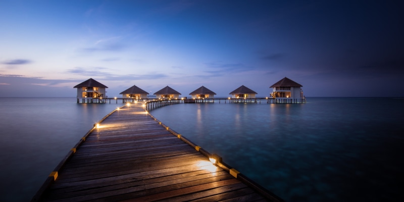 nature, landscape, tropical, resort, 1080P, Maldives, summer, beach, blue, walkway, bungalow, artificial lights, sea