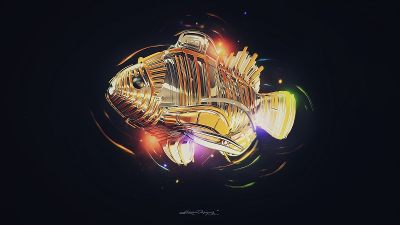  digital art, digital, yellow, swimming, 720P, multi colored, black background, sea, gold, Lacza, illuminated, animals in the wild, water, marine