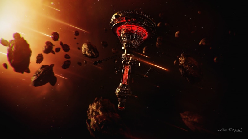sea, illustration, digital art, close-up, space, spacecraft, red, comet, asteroid, technology, glowing, space station, light - natural phenomenon, nightlife
