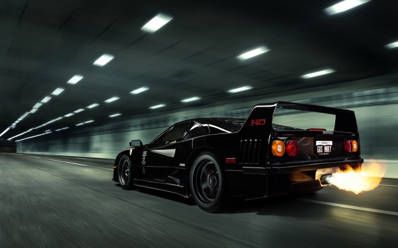 F40, motion, land vehicle, Ferrari, parking garage, ceiling, architecture, motor vehicle, car, Flame, blurred motion, speed, city, 1080P, tunnel, built structure