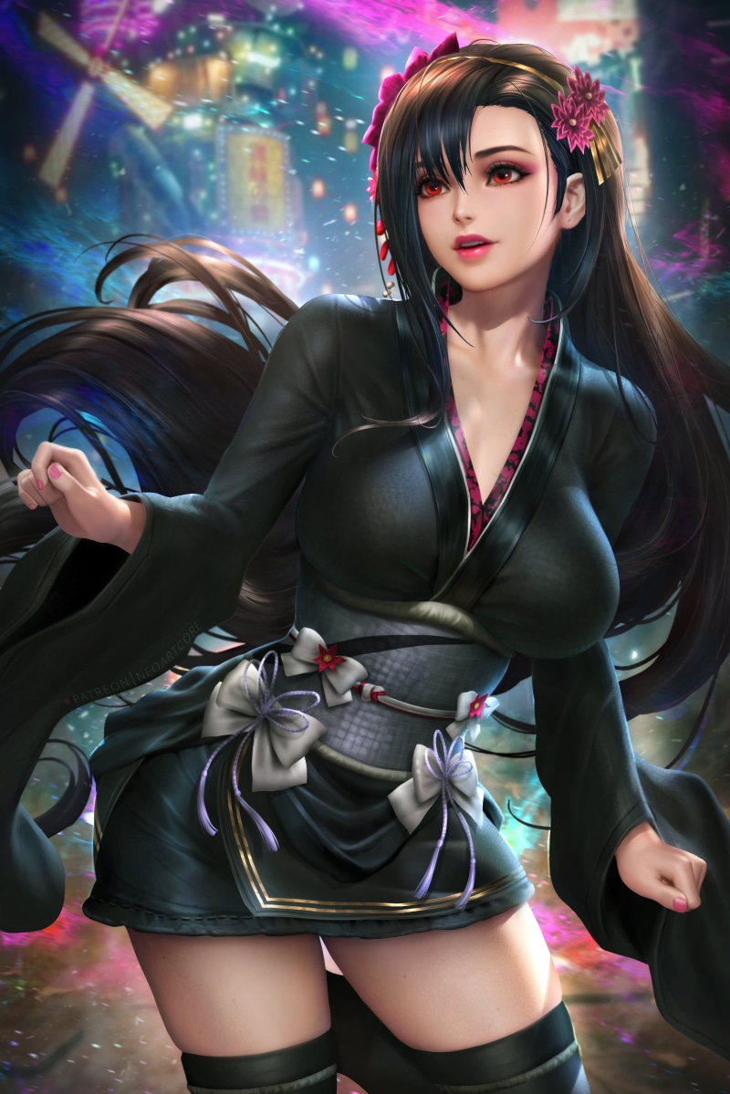 brunette, video games, Final Fantasy VII, fantasy girl, long hair, video game characters, flower in hair, NeoArtCorE (artist), Tifa Lockhart, 2K, backlighting