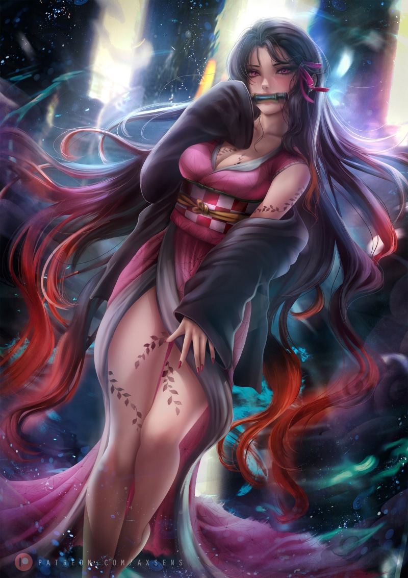 fan art, fantasy girl, backlighting, portrait display, Kimetsu no Yaiba, illustration, anime girls, axsens, 4K, digital art, anime, long hair, Kamado Nezuko