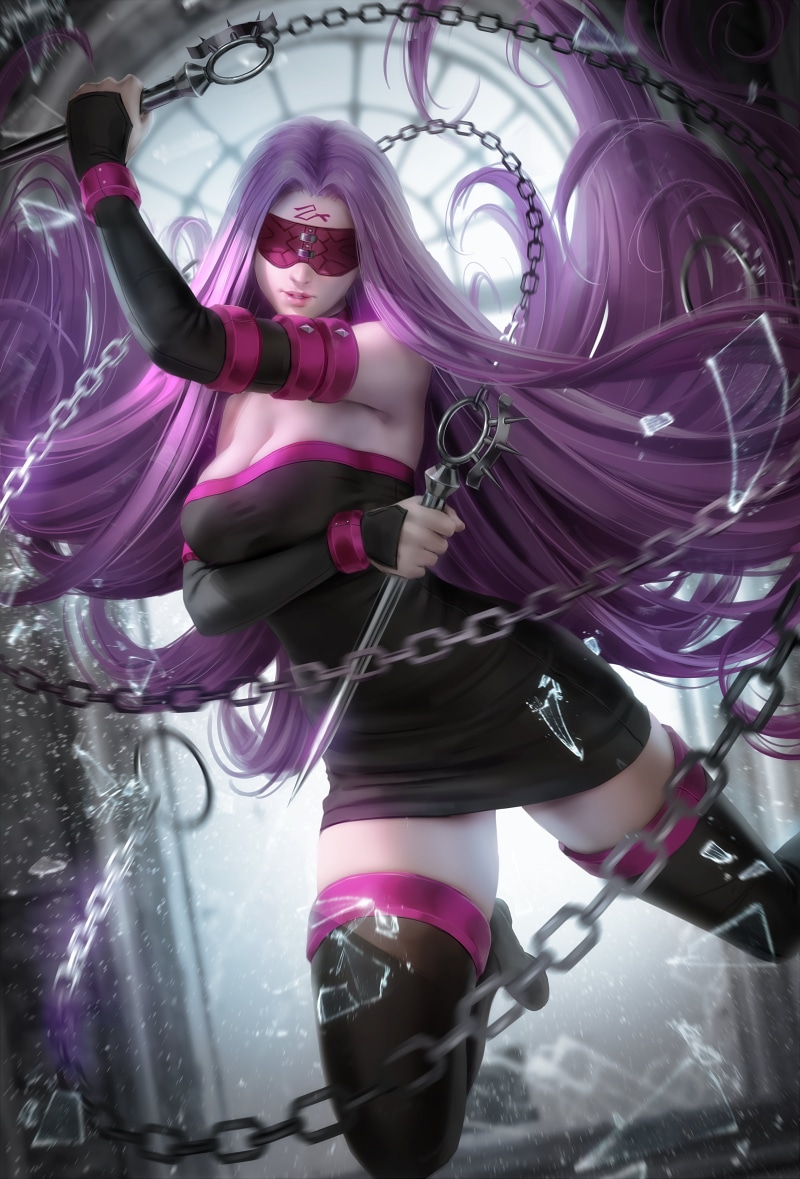 4K, vertical, artwork, Fate Series, digital art, dress, cleavage, covered eyes, arm warmers, Rider (Fate/Stay Night), backlighting, tattoo, Zarory, thigh-highs