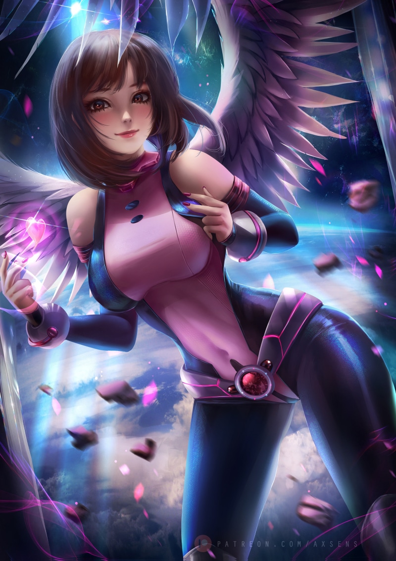 Uraraka Ochako, short hair, anime girls, Boku no Hero Academia, fantasy girl, digital art, wings, Ochako Uraraka, fan art, portrait display, 4K, backlighting