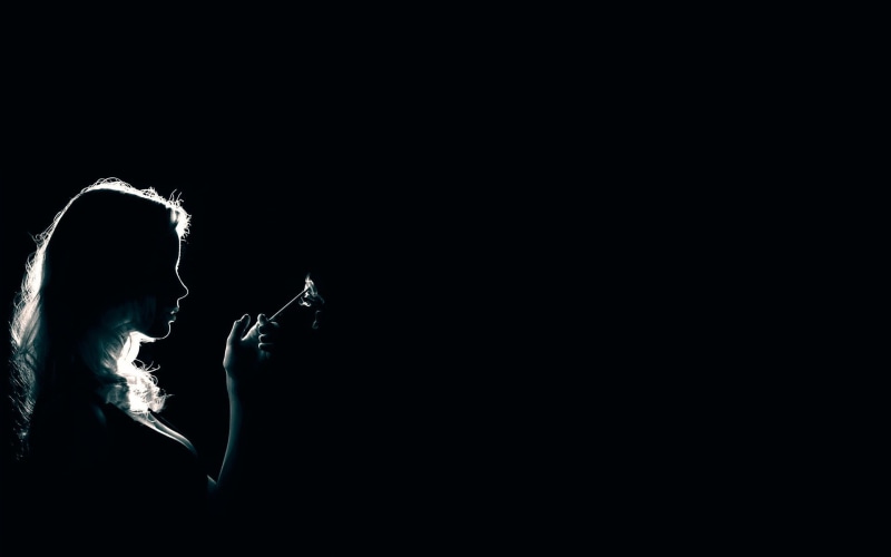 men, cigarettes, headshot, indoors, 1080P, bad habit, lifestyles, women, portrait, dark, backlighting, obscured face, smoking, black background, smoking issues