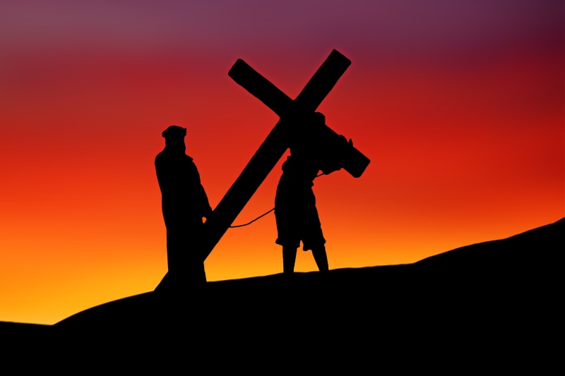 photo, crucifixion, men, nature, silhouette, sunset, mountain, males, holding, mood, religion, orange color, achievement, with backlight, back lit, people