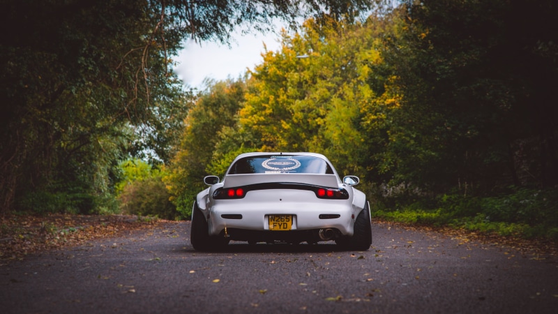 trees, road, tuning, backlight, JDM, forest, white cars, Mazda RX-7, car, vehicle, widebody, 5K