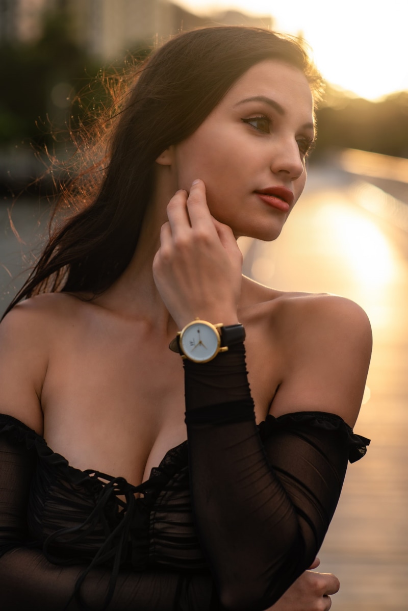 bare shoulders, sunset, looking away, women outdoors, women, touching face, portrait display, brunette, black dress, model, Christopher Rankin, depth of field