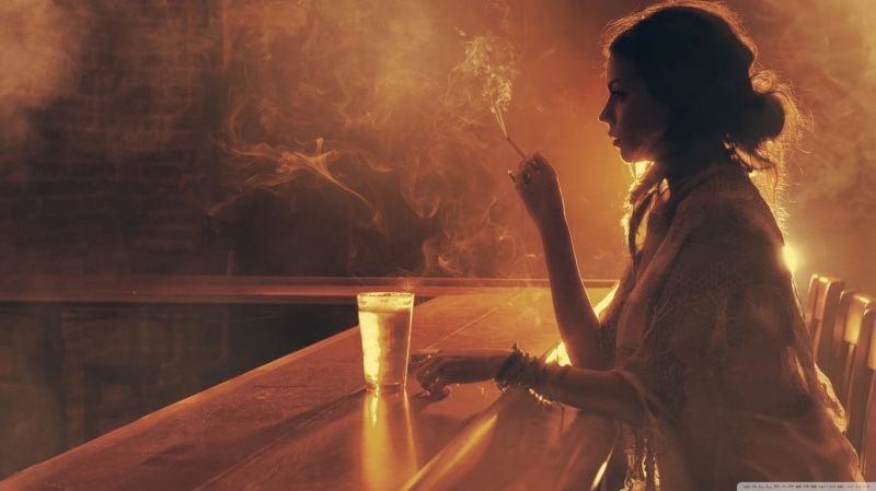 bar, young women, cigarettes, indoors, smoking, cigarette, side view, bad habit, drink, social issues, smoking - activity, backlighting, 720P, brunette