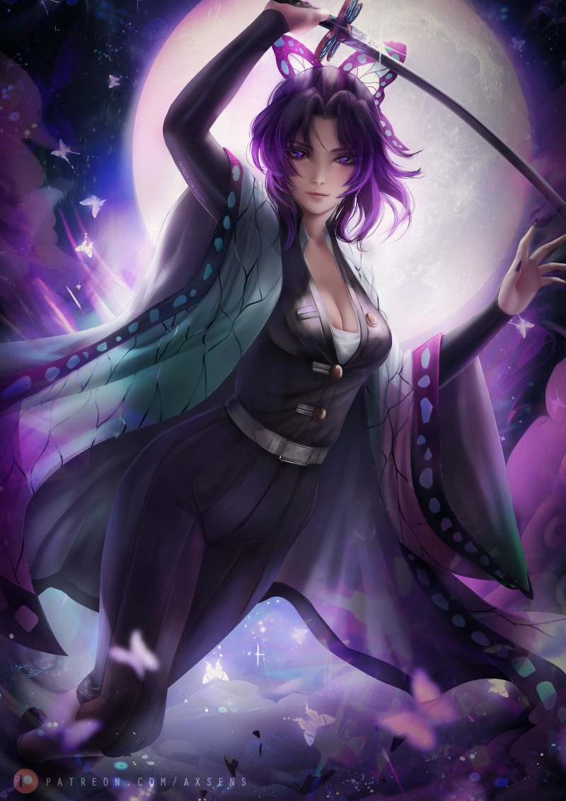 illustration, portrait display, backlighting, Kochou Shinobu, anime girls, Kimetsu no Yaiba, 4K, purple hair, fantasy girl, fan art, anime, axsens, digital