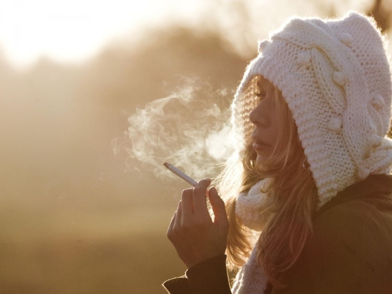 women, cigarettes, looking away, redhead, knit hat, 720P, backlighting, smoking
