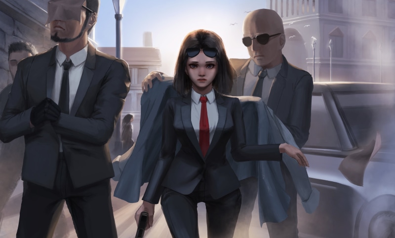 Allen Hsieh, digital painting, coats, car, gun, tie, anime, 4K, street, women, anime girls, drawing, gloves, original characters, artwork, looking at viewer