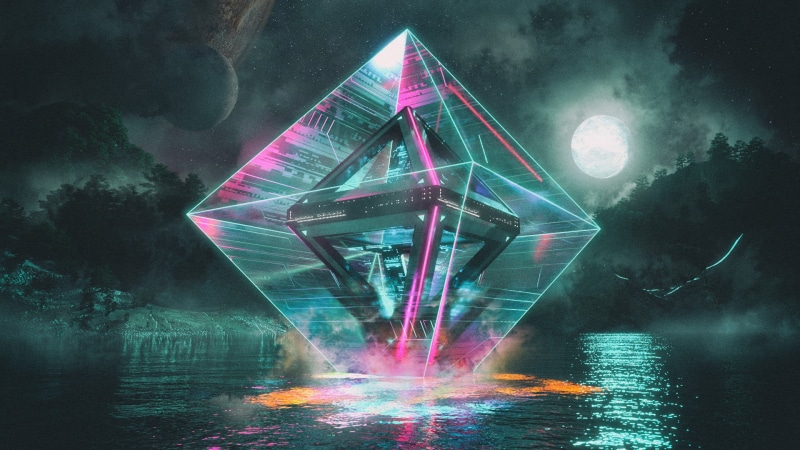 science fiction, prism, mist, water, 1080P, David Legnon, cyberpunk, reflection, night, Moon, neon glow, planet