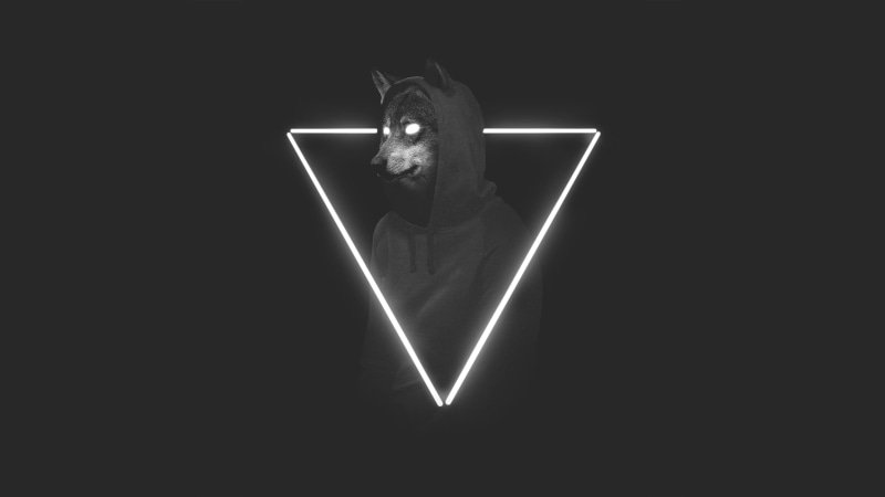 black, triangle, white, 4K, white eyes, geometric figures, simple background, digital art, minimalism, artwork, hoods, lights, monochrome, wolf, digital