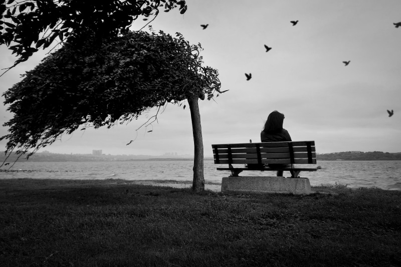 girl, beauty in nature, woman, seat, tree, one person, loneliness, bench, sky, people, sadness, nature, relaxation, real people, black and white, water