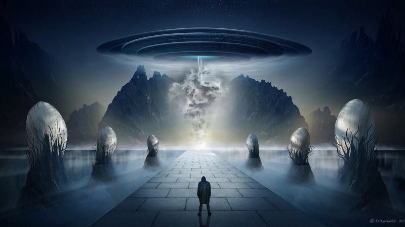 mountains, artwork, alone, lights, loneliness, men outdoors, aliens, UFO, outdoors, night, digital, 2K, UFOs, surreal, rocks, sky, science fiction, drawing