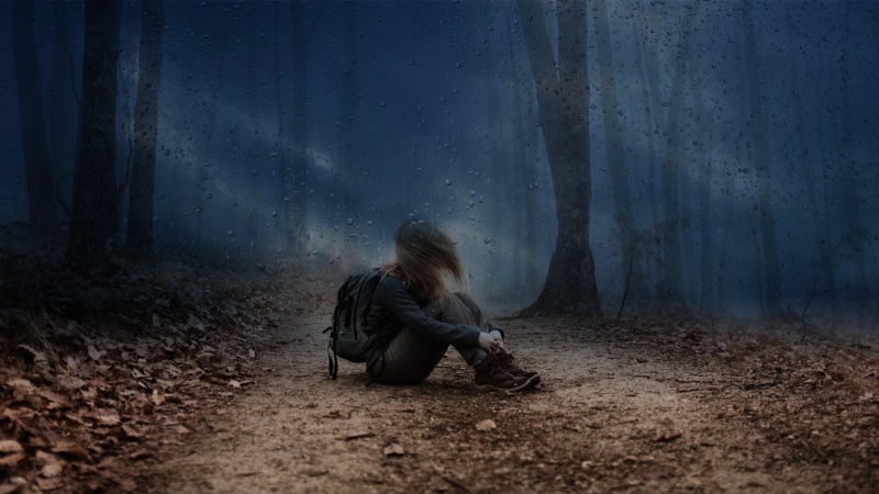rain, fear, long hair, forest, rainy weather, tree, storm, darkness, trauma, depressive, fearful, stormy, sadness, night, creepy, girl, psychological, drops