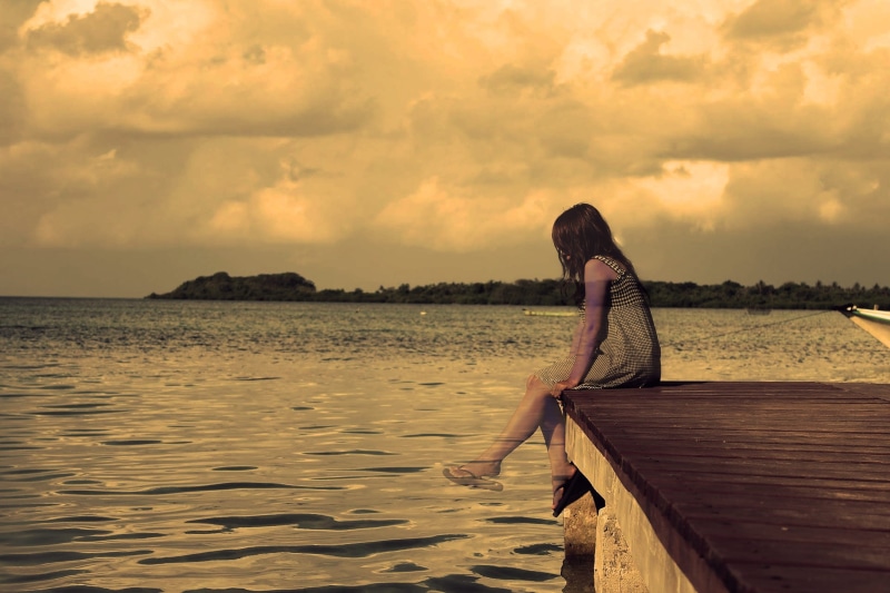 leisure activity, emotion, pain, depression, young, water, sepia, depressed, lost, lonely, lifestyles, dock, sky, loneliness, outdoors, pier, cloud - sky