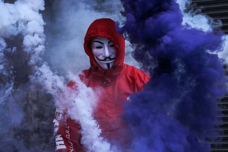 surrounded, person, smoke, smoke grenade, fantasy, jacket, mystery, red, urban, portrait, front view, one person, white, man, costume, huf, fawkes, smoke - physical structure