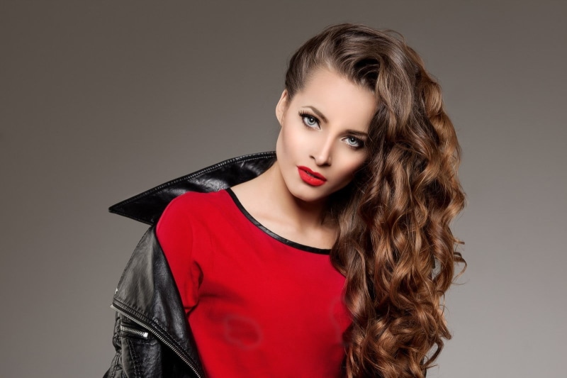 hair, curly hair, red, front view, young women, red dress, blonde, model, leather jackets, red lipstick, jacket, beautiful woman, women, hairstyle, 720P