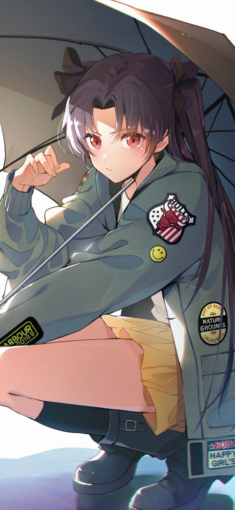 1080P, portrait display, FGO, anime girls, skirt, umbrella, anime, socks, jacket, digital art, Fate Series, boots, Fate/Grand Order, red eyes, black hair