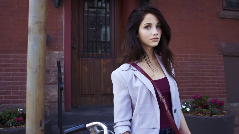 summer, looking at viewer, white, bicycle, hairstyle, leisure activity, blue eyes, lifestyles, elegance, Emily Rudd, brick, only Women, females, day, white jacket
