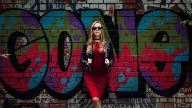 leather jackets, red dress, architecture, young women, portrait, women, front view, red lipstick, blonde, 2K, wall - building feature, leisure activity