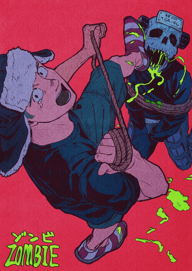 ropes, fan art, saliva, vertical, 1080P, open mouth, black hat, skull mask, black t-shirt, anime girls, red background, Dorohedoro, anime, 2D, black jackets