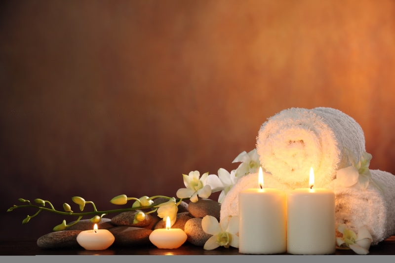 leaf, flowers, beauty Treatment, body Care, candles, heat - temperature, group of objects, tea light, close-up, health Spa, wellbeing, harmony, studio shot