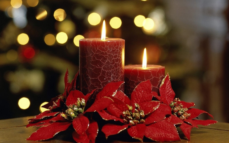christmas lights, glass, pillar, food and drink, bokeh, decoration, table, no people, flowers, close-up, christmas ornament, Christmas, 1080P, red, nature