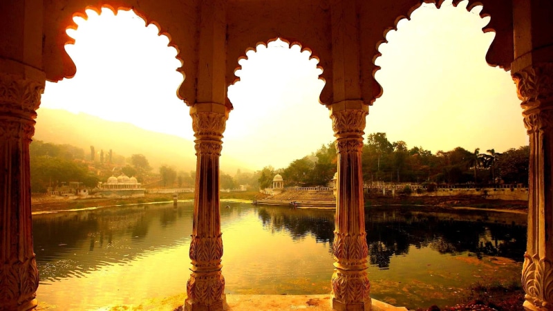 beauty, brown, body, arch, water, multifoil arch, temple, 1080P, rajastan, pillar, india, architecture, concrete, nature and la, udaipur, scenic, asia