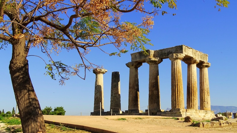 clear sky, pillars, nature, architecture, old, city, monument, tourism, site, places of interest, antique, corinthian, no people, tree, ancient Civilization