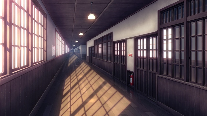 in a row, direction, door, glass - material, illustration, indoors, arcade, transportation, lighting equipment, school, anime, ceiling, empty, hallway