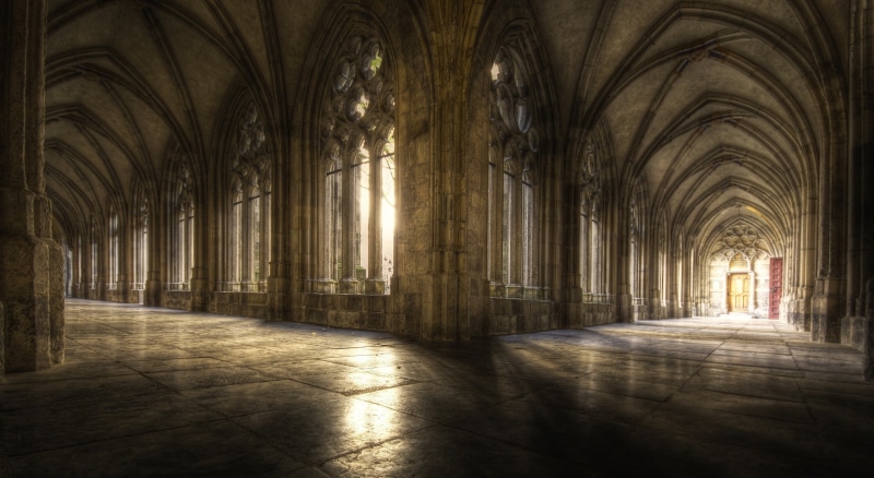 corridor, architecture, indoors, brown, sunlight, empty, built structure, religion, ceiling, flooring, the way forward, spirituality, abbey, nature, arch