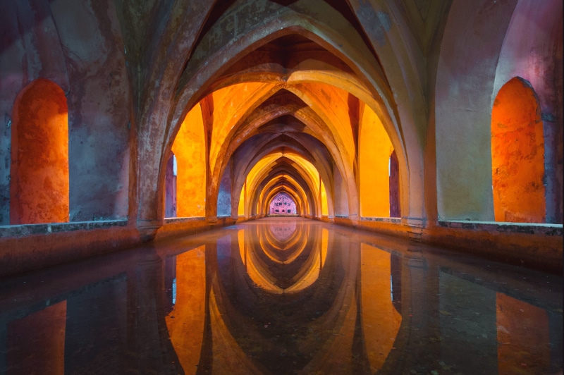 arch, religion, 4K, hallway, building, place of worship, public domain, history, inside, reflection, photo, the past, Spain, Temple, day, water, spirituality