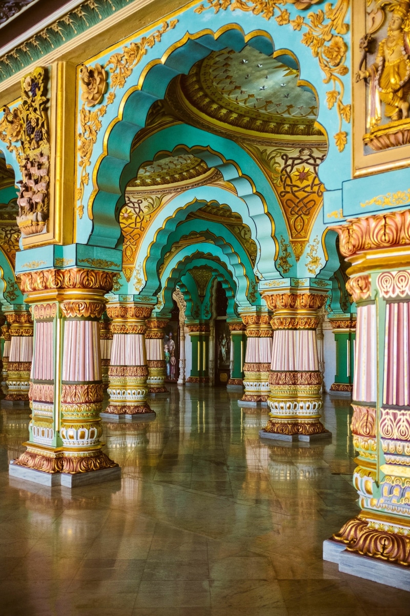 teal, expensive, brown, gold, travel destinations, intricate, pillar, temple, gaudy, built structure, place of worship, arch, concrete, reflection, day