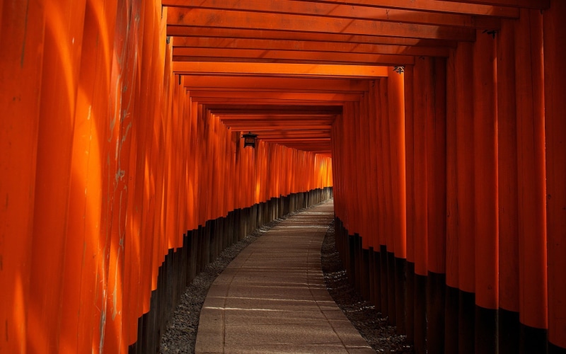 place of worship, no people, path, building, lantern, diminishing perspective, pavements, spirituality, red, direction, Japan, architecture, architectural column