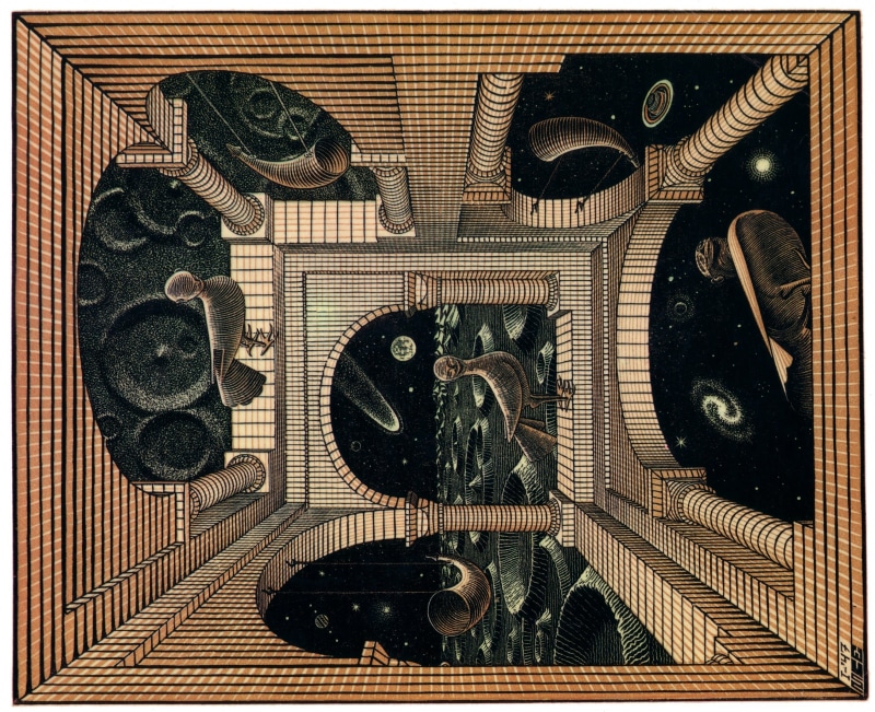 2K, M. C. Escher, black, gray, illustration, optical illusion, artwork
