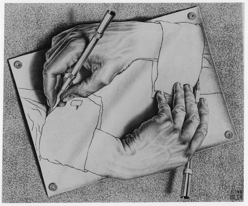 2K, paper, drawing, optical illusion, M. C. Escher, monochrome, pencils, hands, artwork