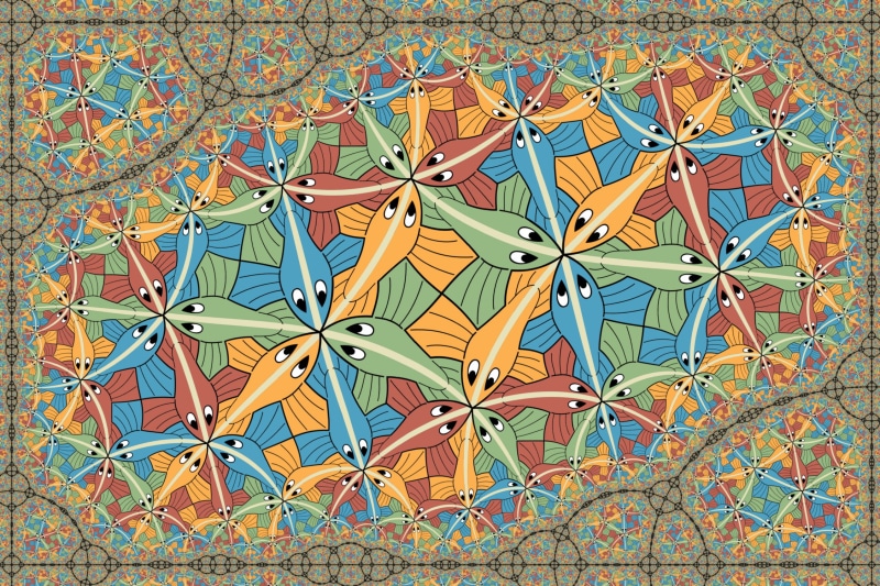 painting, architecture, full frame, fish, 1080P, floral pattern, day, large group of objects, optical illusion, communication, close-up, no people, choice