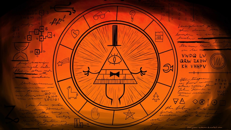 pattern, orange color, Gravity Falls, minute hand, brown, round, the universe is a hologram, no people, computer Graphic, design, shape, antique, communication