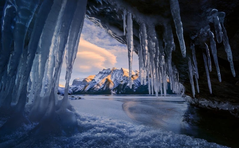 lake, nature, 720P, frozen, no people, water, snowy peak, mountains, icicle, landscape, tranquil scene, sky, Banff National Park, scenics - nature, shards
