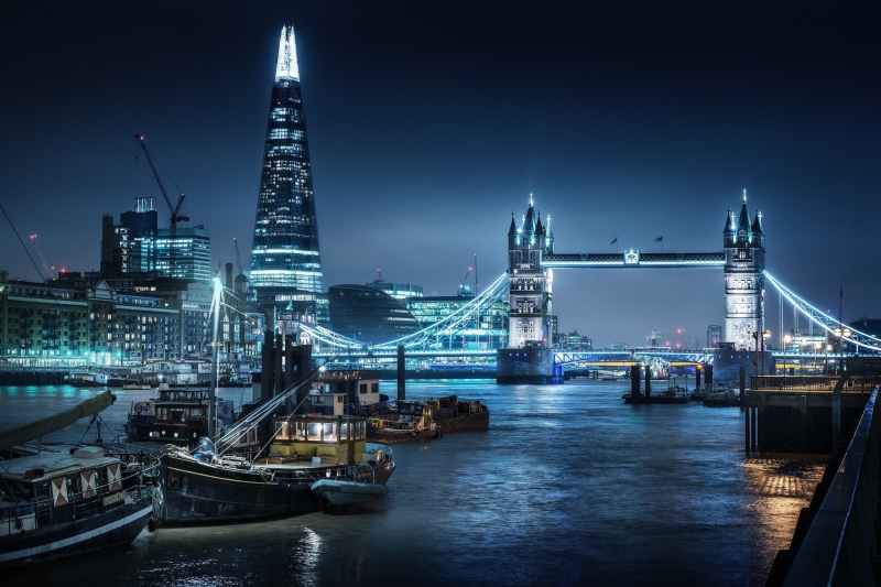 boats, city, 1080P, tower, London, bridge, Thames, Nigth, brodge, Shard, river, night, picture, lighted