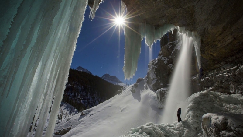 solid, mountain, 1080P, climbing, scenics - nature, shards, waterfall, trees, motion, sky, winter, rock, sun, outdoors, cold temperature, mountain range