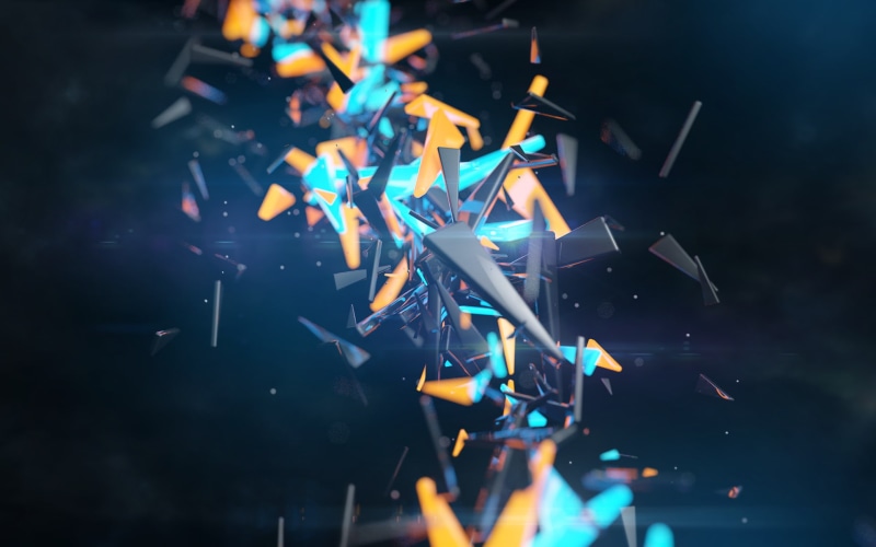 blue, 3D, black, Photoshop, shining, shapes, 1080P, dark, abstract, digital art, shattered, bright, Spec Art, shards, blurred, yellow