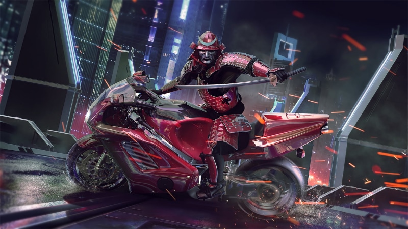 katana, samurai, shards, motorcycle, 1080P