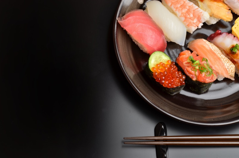 chopsticks, fruit, asian food, japan, black Color, lunch, fish, dinner, rolled Up, restaurant, tray, nigiri, strawberry, indoors, refreshment, food, raw Food