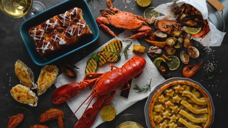 food, large group of objects, buffet, animal, seafood, food and drink, tray, meal, prawn, plate, still life, healthy eating, table, animal source foods