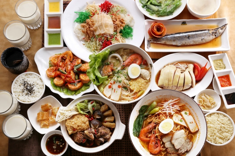 bowls, asian food, drumstick, crockery, ready-to-eat, high angle view, tray, indoors, shrimp, food, meal, cooked, choice, rice, no people, freshness, plate